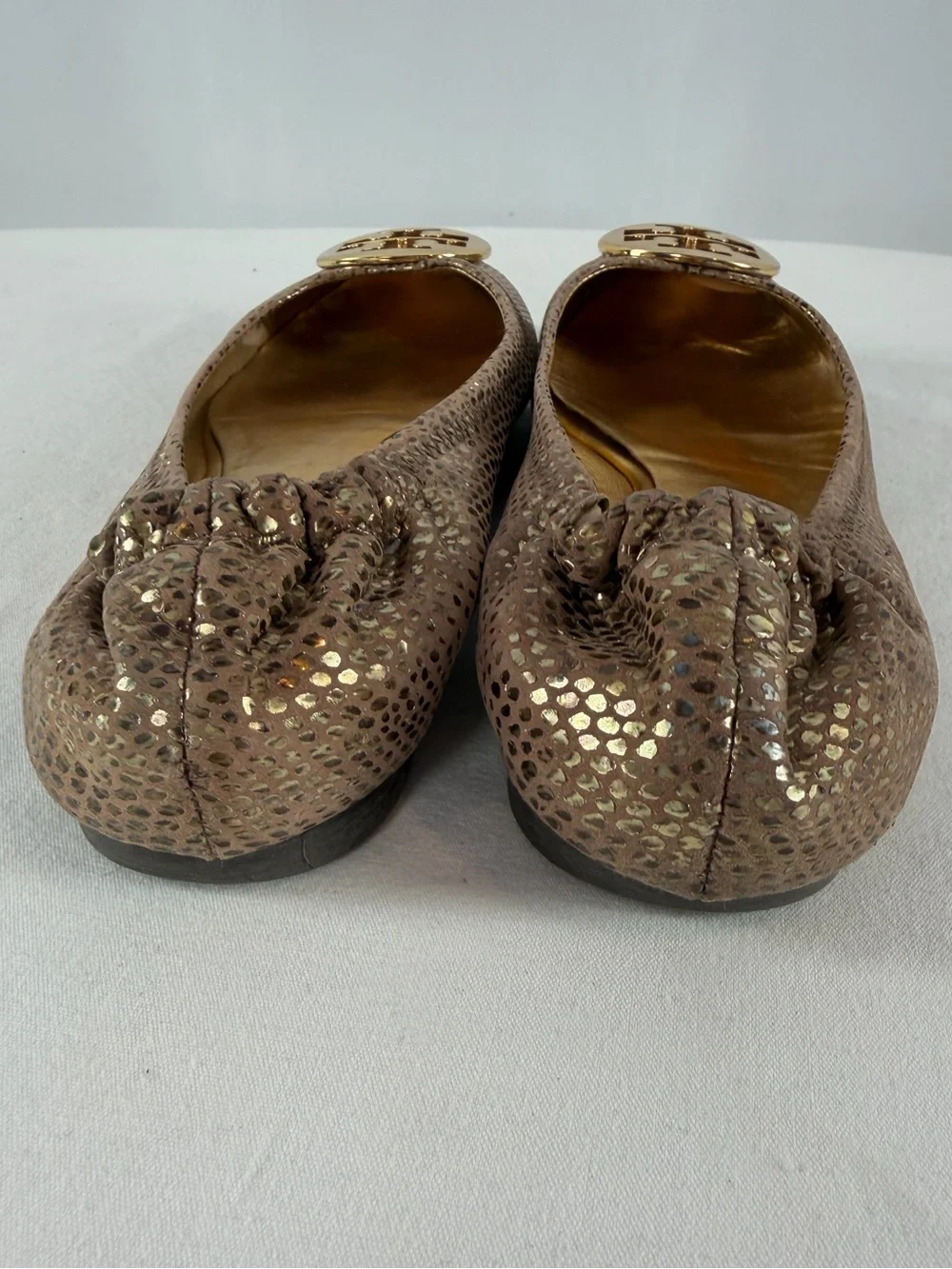 Tory Burch Snake Embossed Large Metal Logo Ballet Flat in Light Brown Gold 8.5